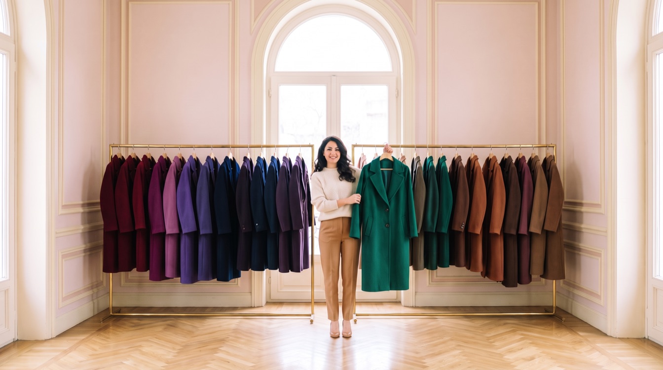 Pastel pembe duvarlı aydınlık showroom'da bordo, patlıcan moru, gece mavisi, zümrüt yeşili ve çikolata kahvesi kabanların önünde zümrüt yeşili kabanı tutan gülümseyen tasarımcı
