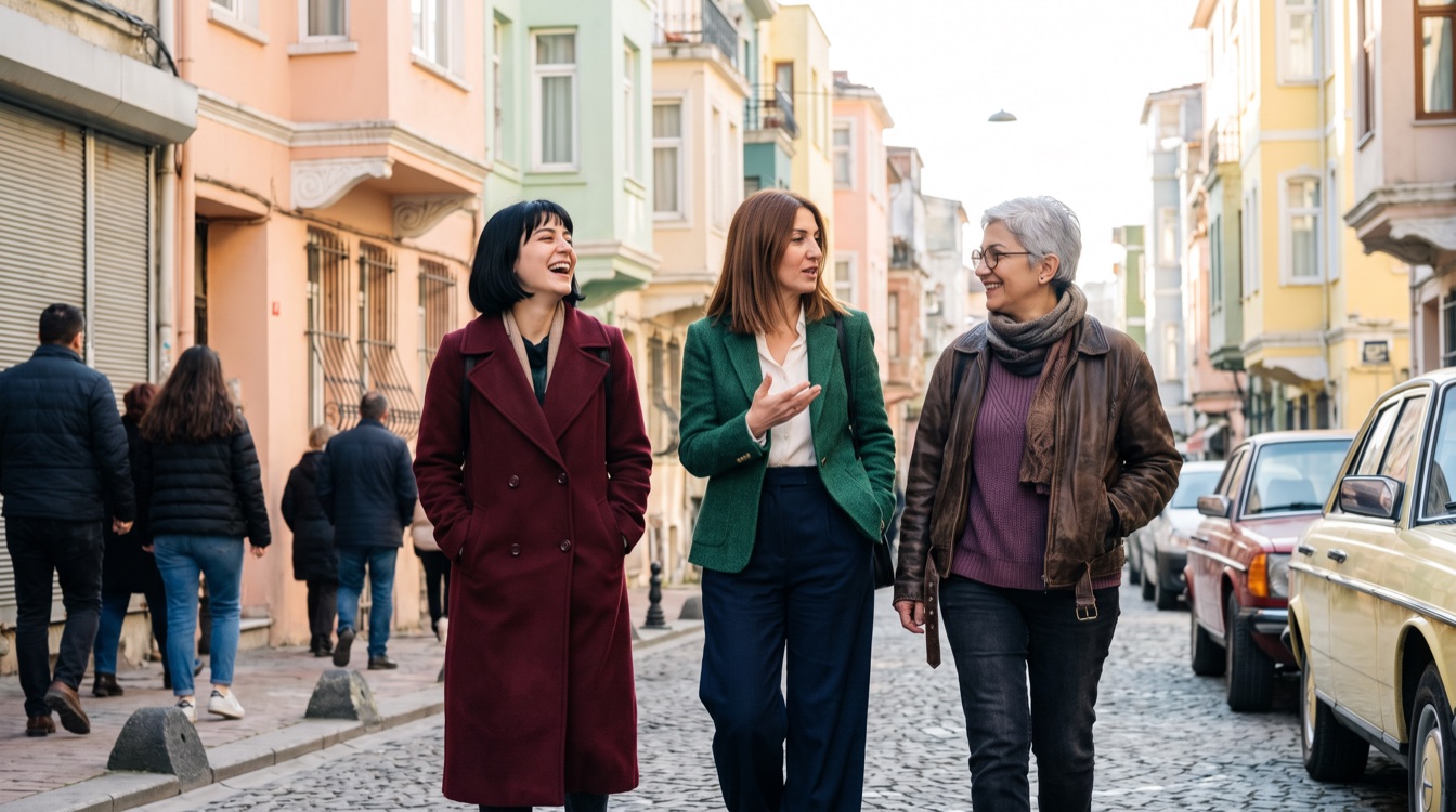 Güneşli kış sabahı Karaköy'de pastel binaların önünde yürüyüp sohbet eden farklı yaşlardan üç kadın: bordo kaban, zümrüt blazer ve deri ceket