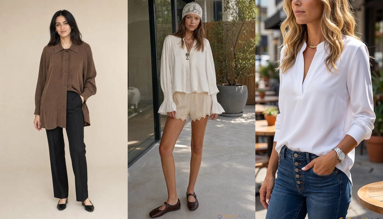 Tekstil A.Ş. kataloğundan Bağlamalı Yaka Uzun Denim Gömlek, Nervürlü Pamuk Keten Bluz ve V Yaka Scuba Minimal Gömlek
