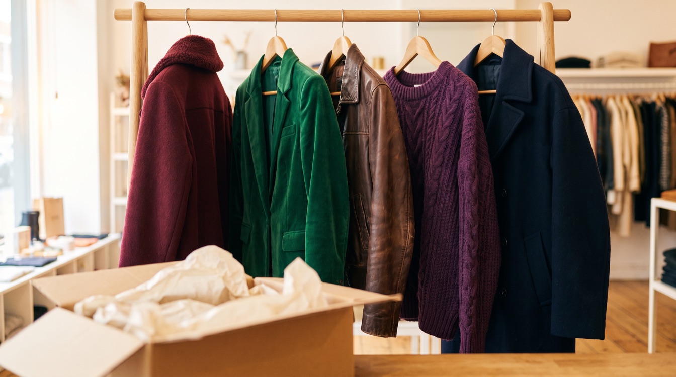 Butikte askıda yeni kış koleksiyonu: bordo kaban, zümrüt blazer, deri ceket, mor triko ve lacivert kaban, önde açılmış koli