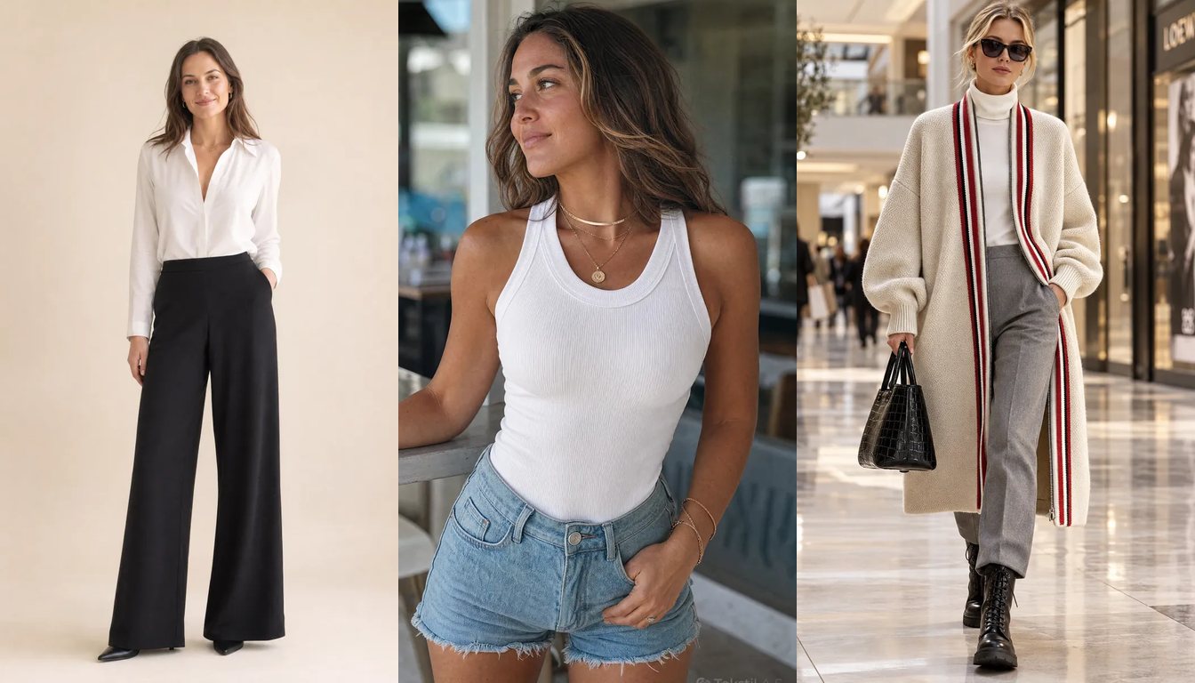 Tekstil A.Ş. kataloğundan Beli Lastikli Bol Paça Punto Pantolon, Bisiklet Yaka Pedli Kaşkorse Askılı Bluz Bej ve Şerit Biyeli Uzun Örme Triko Hırka