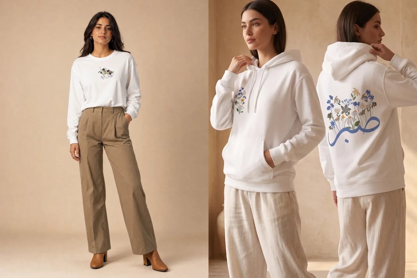 Tekstil A.Ş. kataloğundan Bahçe Desenli Uzun Kollu Penye Tişört ve Çiçek Desenli Arapça Kaligrafi İki İplik Kapüşonlu Sweatshirt