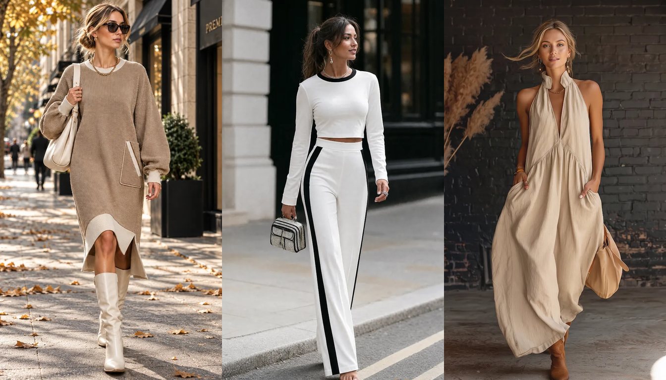 Tekstil A.Ş. kataloğundan Yırtmaçlı Oversize Waffle Örgü Triko Elbise, Crop Bluz Krep Bol Paça Pantolon Takım Beyaz ve Dik Yaka Pamuk Keten Günlük Elbise Bej