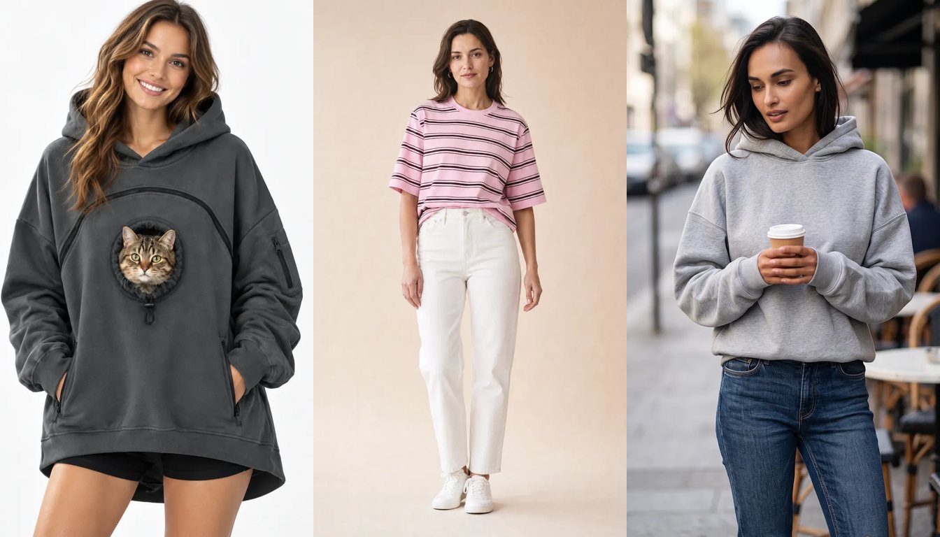 Tekstil A.Ş. kataloğundan Evcil Hayvan Taşıma Cepli Oversize Kapüşonlu Sweatshirt, Boxy Kesim Poplin Tişört ve Kapüşonlu İki İplik Sweatshirt
