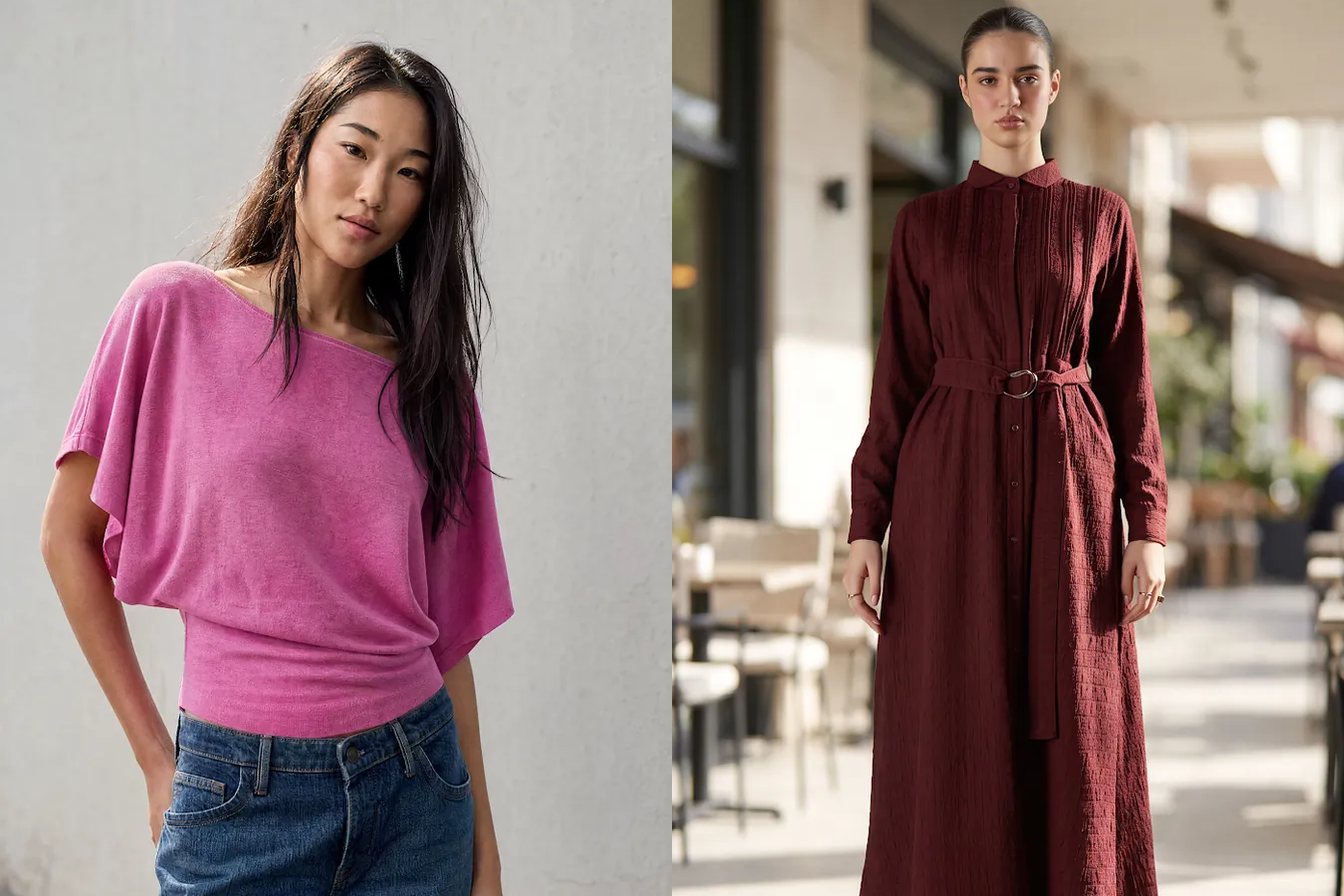 Tekstil A.Ş. kataloğundan Pamuklu Penye Basic Bluz ve Dokulu Medine İpeği Maxi Elbise Mürdüm