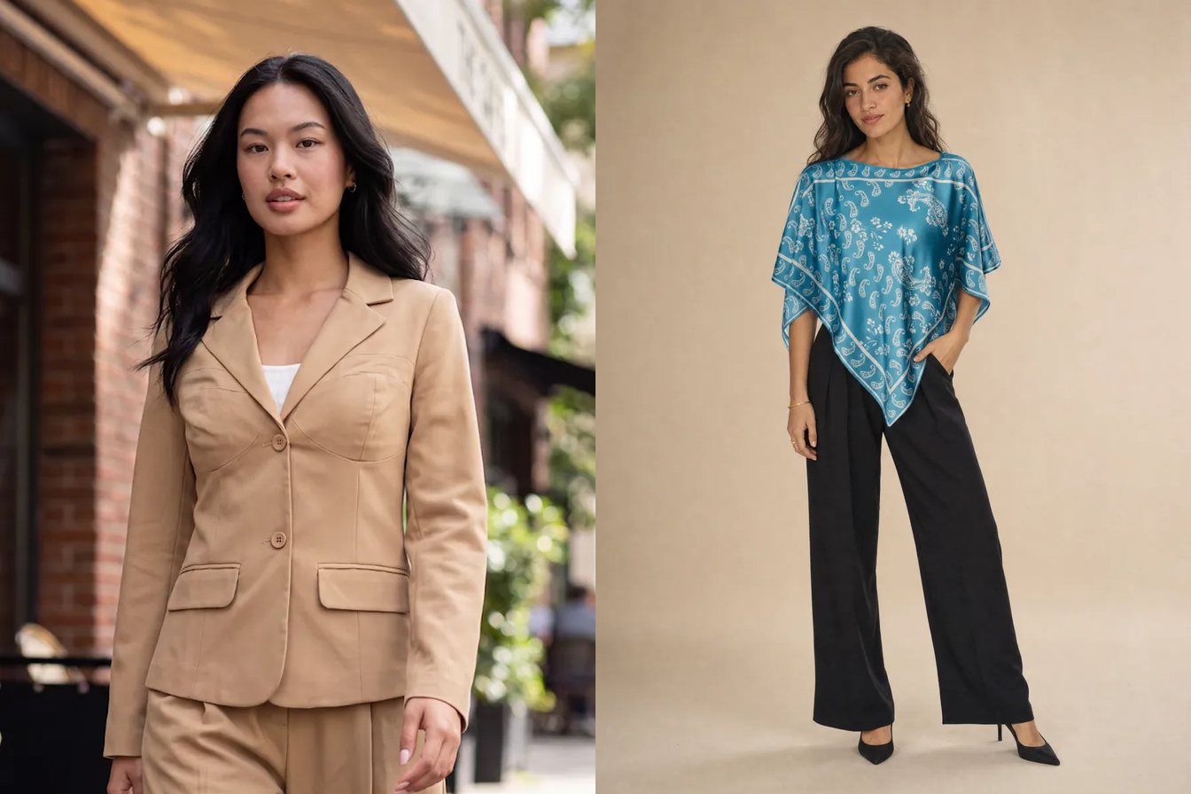 Tekstil A.Ş. kataloğundan Çift Cepli Çift Düğmeli Double Kumaş Blazer Ceket Camel ve Anvelop Derin V Yaka Denim Gömlek