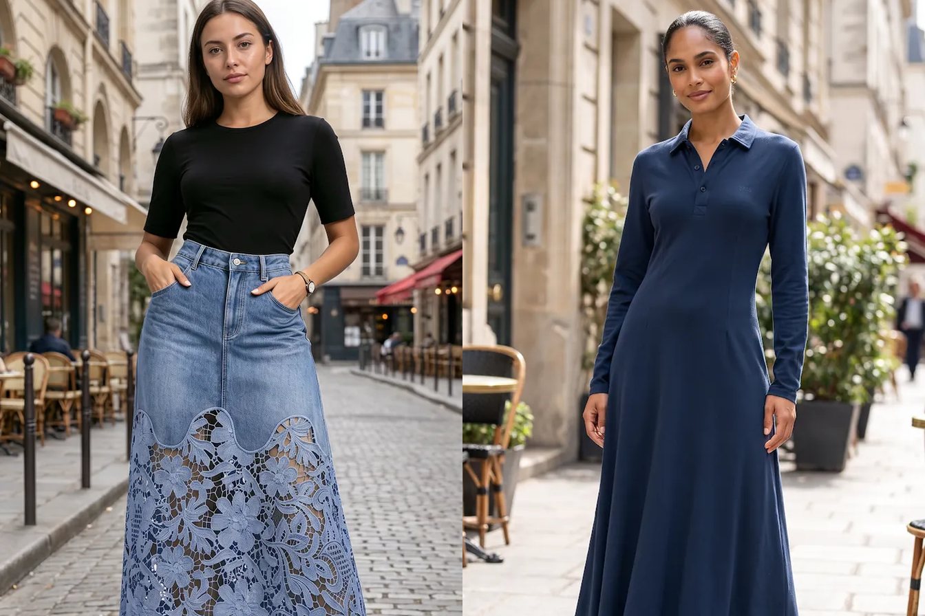 Tekstil A.Ş. kataloğundan Dantel Detaylı Denim Maxi Etek Mavi ve Double Kumaş Uzun Elbise Petrol Yeşili