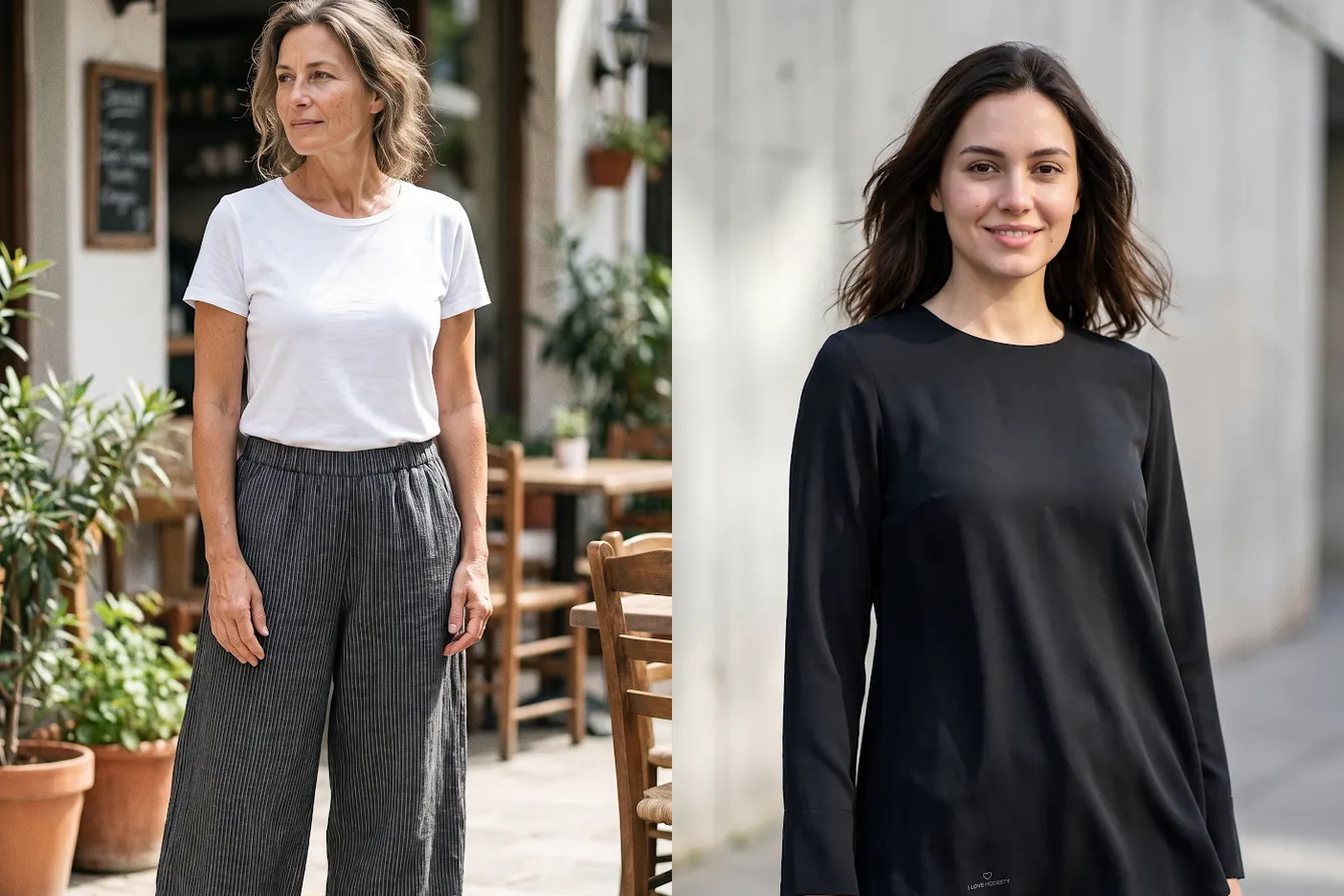 Tekstil A.Ş. kataloğundan Çizgili Cepli Pamuk Keten Kapri Pantolon ve Modal Basic Gömlek Siyah