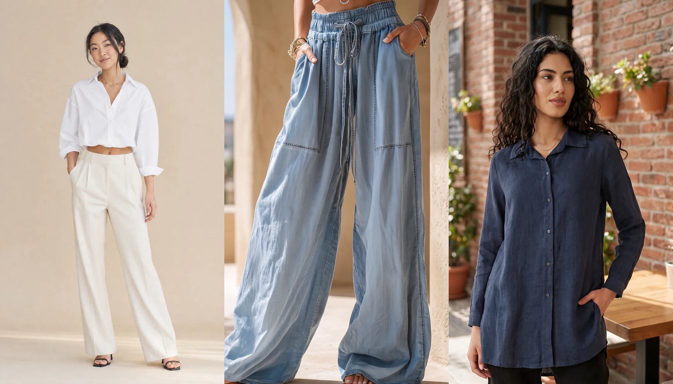 Tekstil A.Ş. kataloğundan Balon Etekli Crop Pamuklu Gömlek, Beli Bağcıklı Cep Detaylı Bol Paça Denim Pantolon ve Düğmeli Pamuk Keten Gömlek Ceket Kobalt Mavi