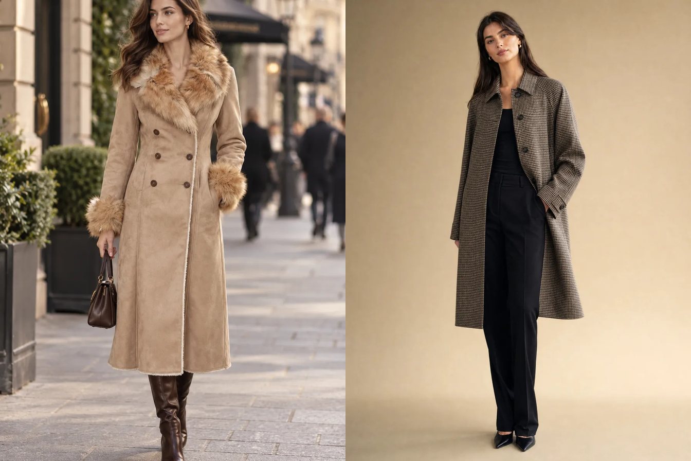 Tekstil A.Ş. kataloğundan Kürk Yakalı Kruvaze Uzun Süet Kaban ve Çift Taraflı Oversize Gabardin Trençkot