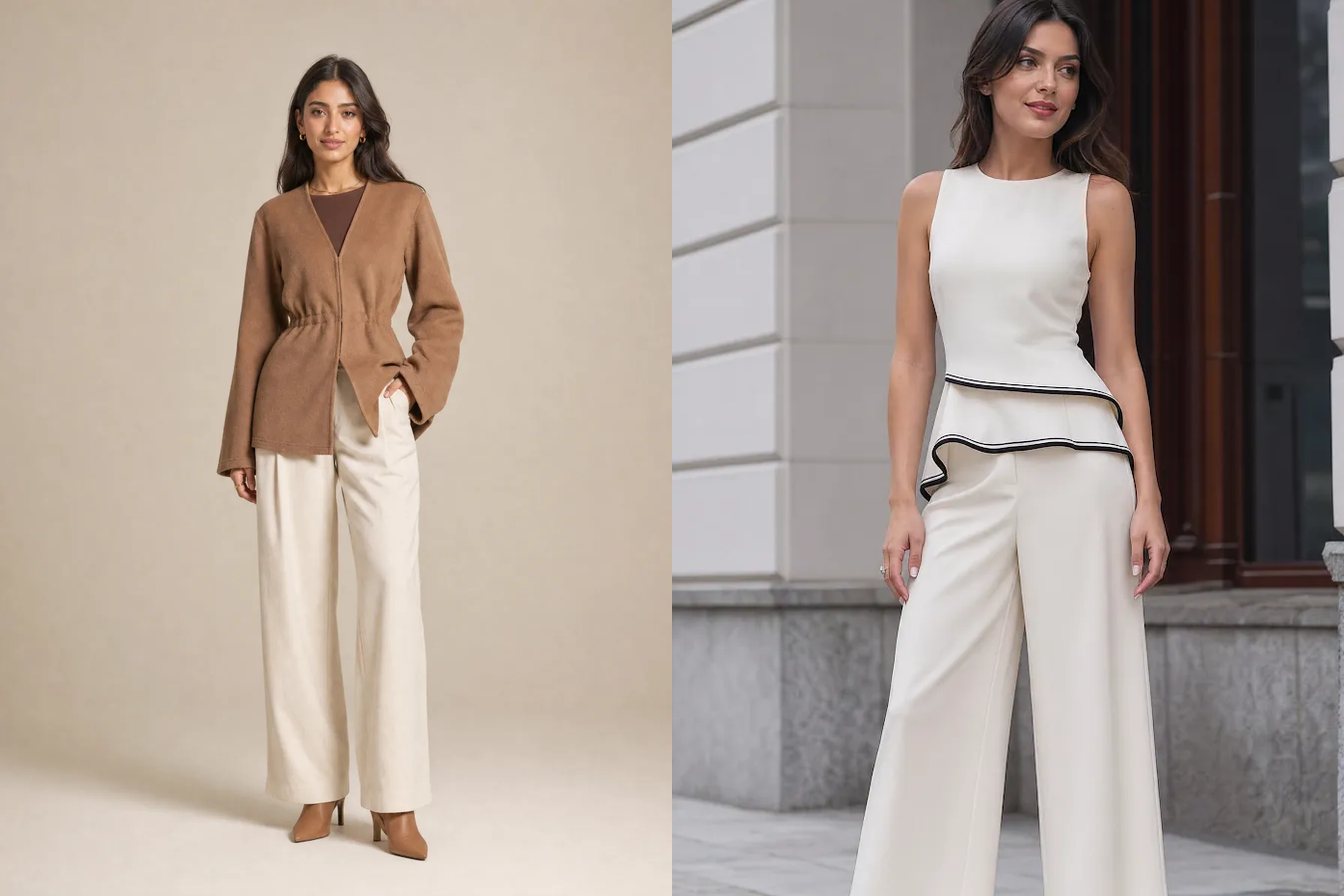 Tekstil A.Ş. kataloğundan Beli Büzgülü Triko Hırka Kimono ve Asimetrik Peplum Bluz Krep Bol Paça Pantolon Takım