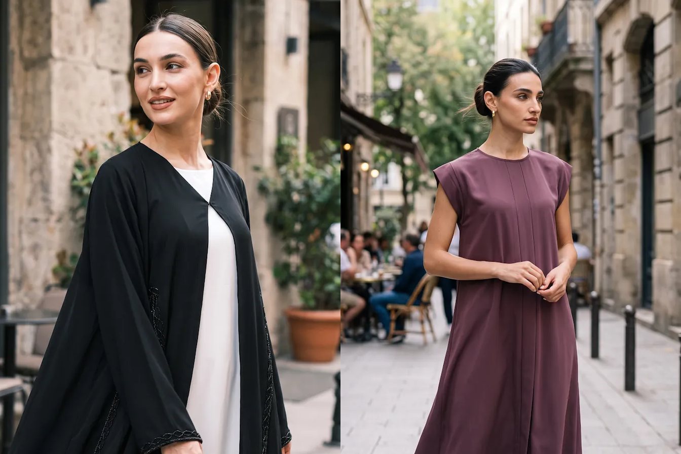 Tekstil A.Ş. kataloğundan Sade Kesim Medine İpeği Ferace Siyah ve Pileli Krep İç Elbise Magenta
