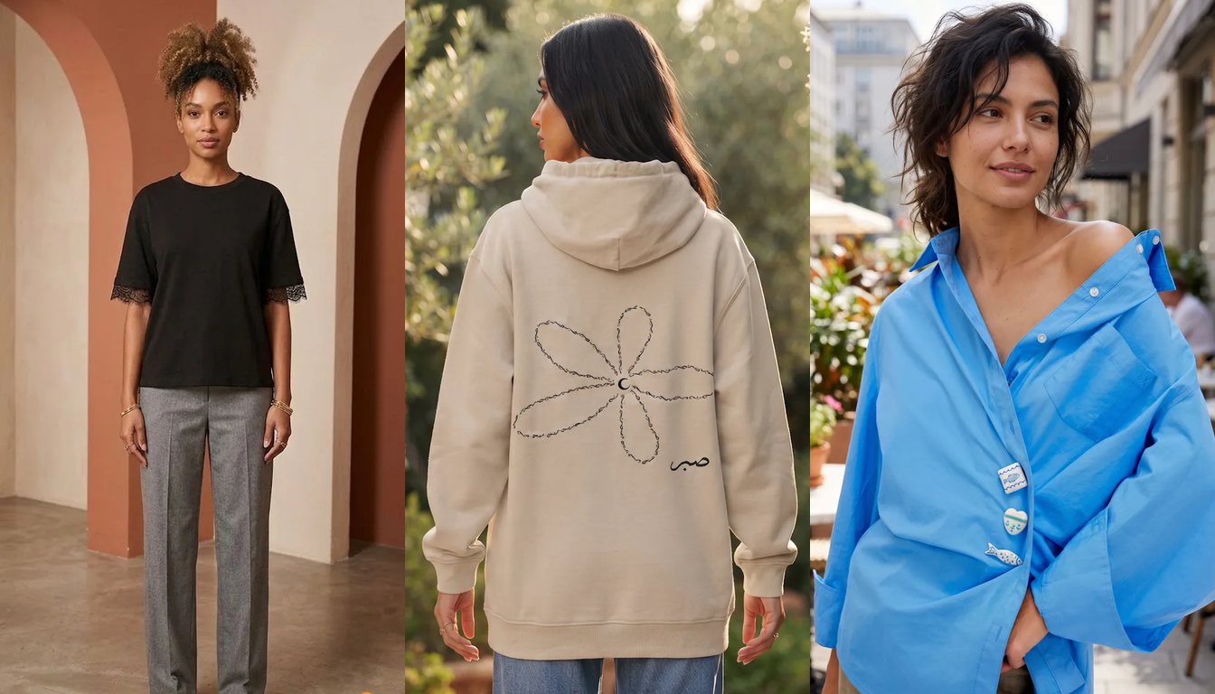 Tekstil A.Ş. kataloğundan Arkası Dantel Detaylı T-Shirt, Papatya Desenli Arapça Kaligrafi Kapüşonlu Sweatshirt Siyah ve Klasik Kesim Pamuk Keten Gömlek