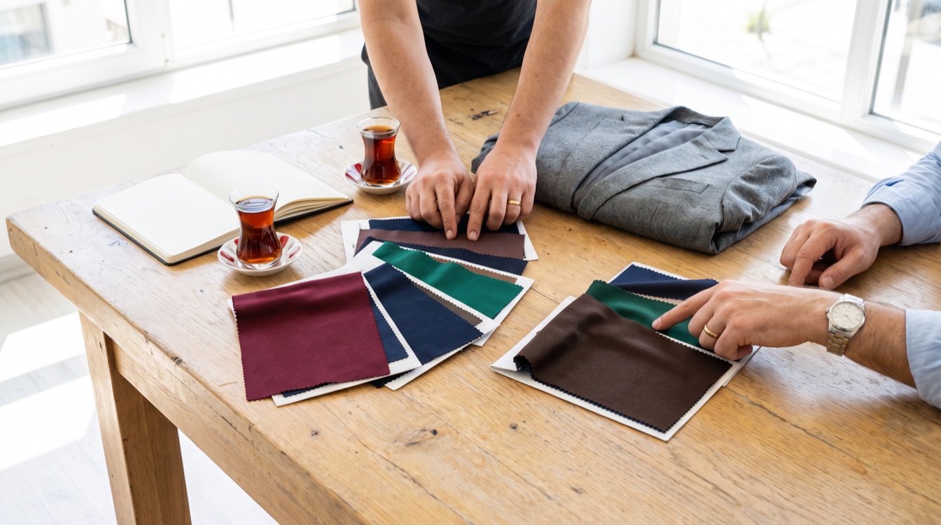 Showroom masasında kumaş kartelaları, numune ceket ve çay bardakları arasında toptan alım görüşmesi