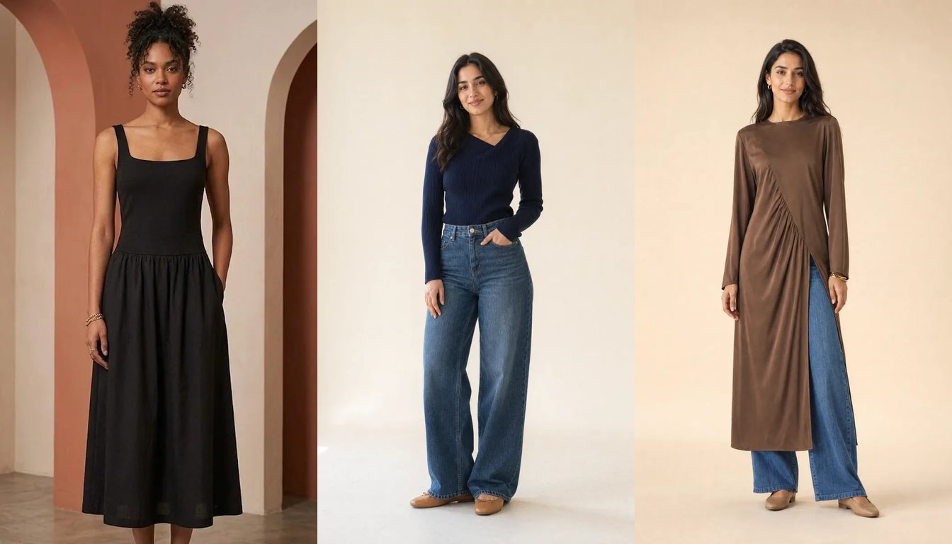 Tekstil A.Ş. kataloğundan Askılı Elbise, Asimetrik Yaka Ribana Tunik ve Asimetrik Midi Saten Tunik