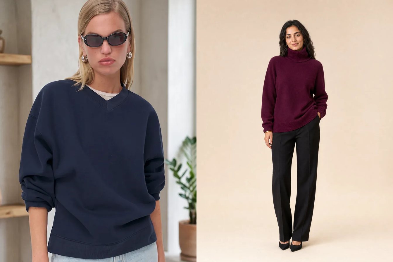 Tekstil A.Ş. kataloğundan V Yaka İki İplik Sweatshirt ve Balıkçı Yaka Oversize Kaşmir Triko Kazak