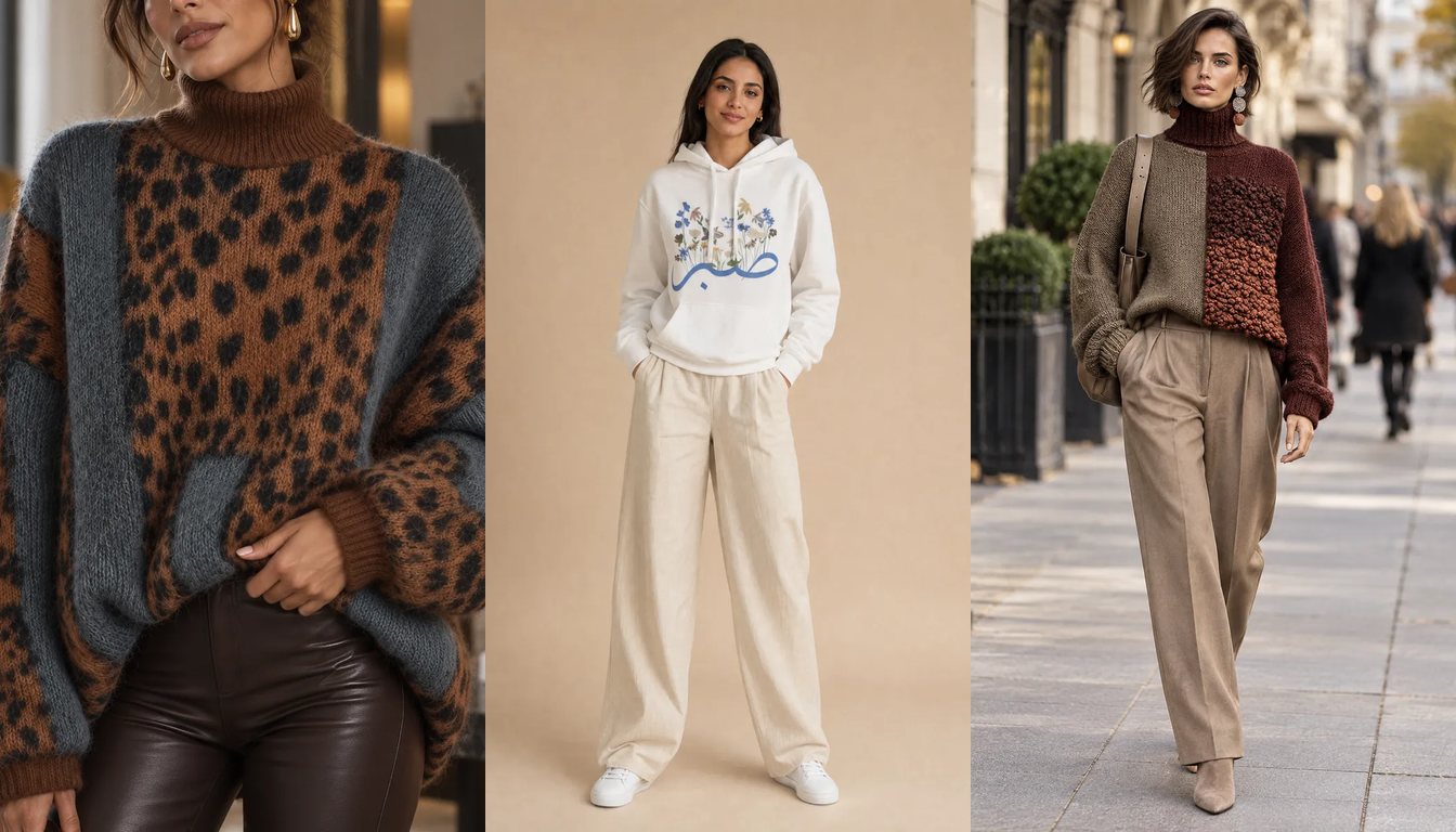 Tekstil A.Ş. kataloğundan Leopar Desenli Renk Bloklu Balıkçı Yaka Kazak, Çiçek Desenli Kapüşonlu Üç İplik Sweatshirt ve Renk Bloklu Balıkçı Yaka Kalın Triko Kazak