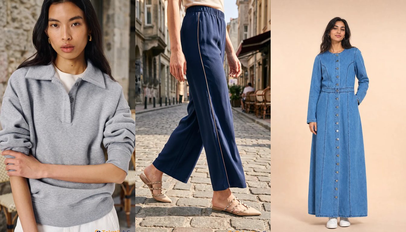 Tekstil A.Ş. kataloğundan Polo Yaka Düğmeli İki İplik Sweatshirt, Bol Paça Modal Abiye Pantolon Mavi ve Boydan Düğmeli Denim Maxi Elbise