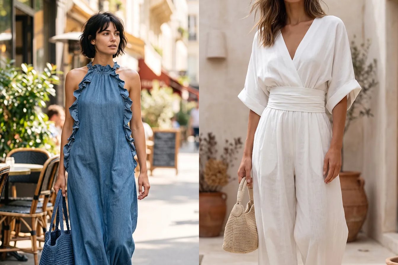 Tekstil A.Ş. kataloğundan Fırfırlı Denim Elbise ve V Yaka Yüksek Bel Salaş Pamuk Keten Tulum