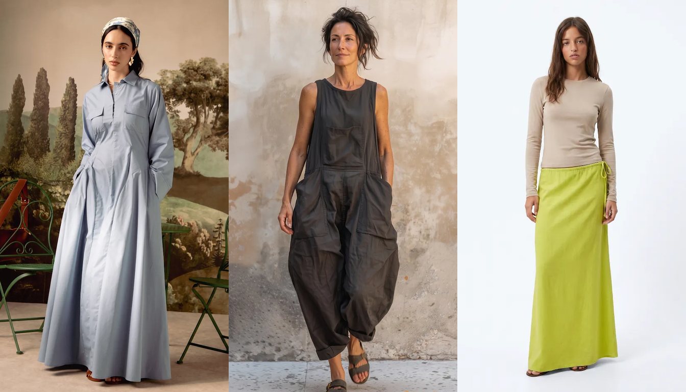Tekstil A.Ş. kataloğundan Terikoton Uzun Elbise Mavi, Kolsuz Oversize Modal Şalvar Tulum Koyu Gri ve Dönüştürülebilir Pamuk Keten Maxi Etek