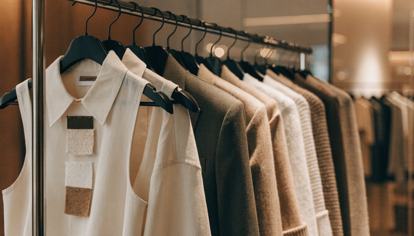 Kendi dokuma etiketi dikilmiş private label butik koleksiyonu askıda
