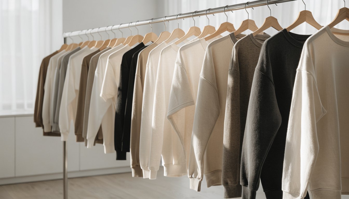 Kapsül koleksiyon üretim sürecinde asılı tişört, sweatshirt ve eşofman numuneleri