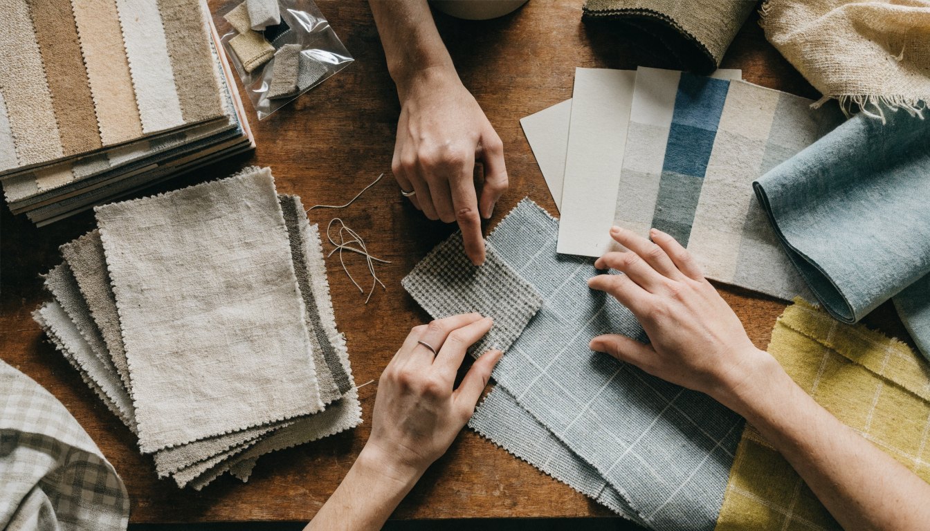 Fason üretim için gramaj ve renk kartelalarını inceleyen kumaş seçimi masası