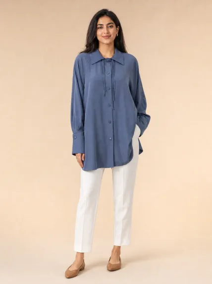 Bağlamalı Yaka Denim Gömlek
