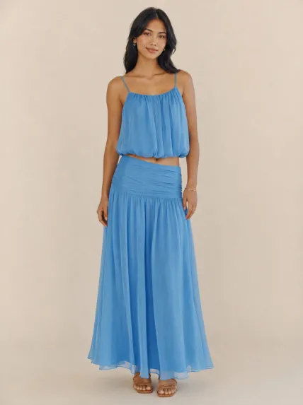 Büzgü Detaylı Polyester Etek Bluz Takım