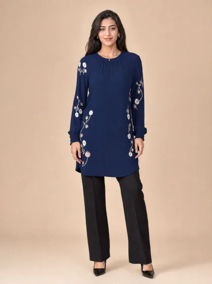 Çiçek Nakışlı Uzun Polyester Abiye Tunik