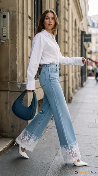 Dantel Parçalı Denim Pantolon