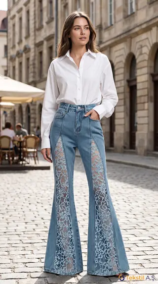 Dantel Parçalı İspanyol Paça Denim Pantolon