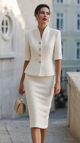 Dik Yaka Peplum Tüvit Blazer Kalem Etek Takım Beyaz
