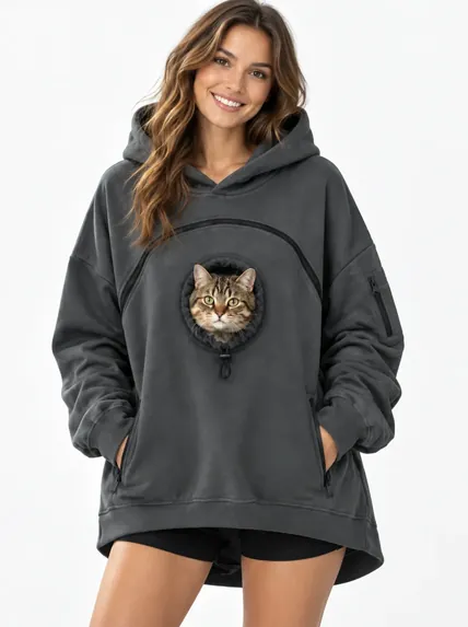 Evcil Hayvan Taşıma Cepli Oversize Kapüşonlu Sweatshirt