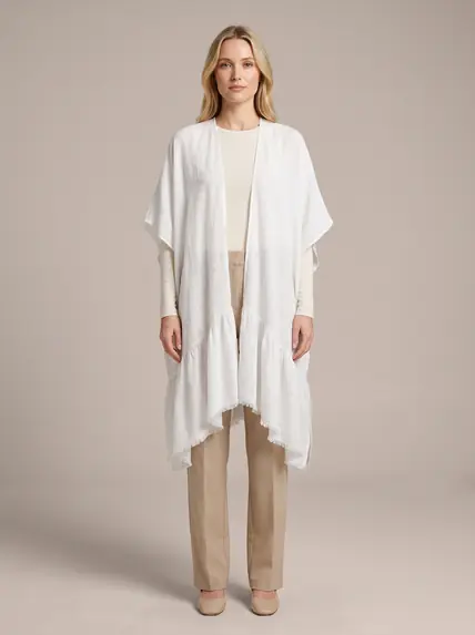 Fırfır Detaylı Pamuk Keten Kimono Krem