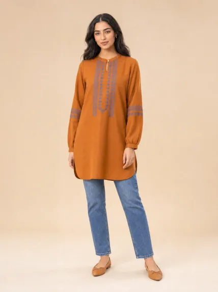 Geometrik Nakışlı Uzun Polyester Tunik