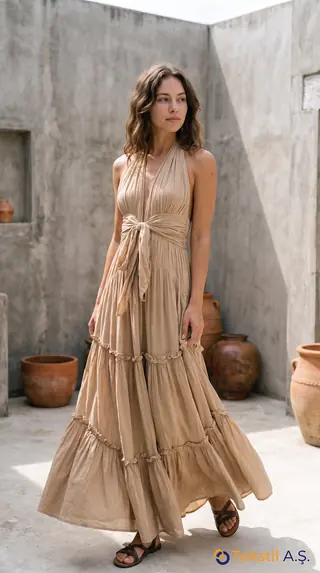 Halter Yaka Sırt Dekolteli Tencel Maxi Elbise