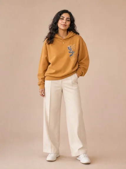 Hurma Ağacı Desenli Kapüşonlu Üç İplik Sweatshirt