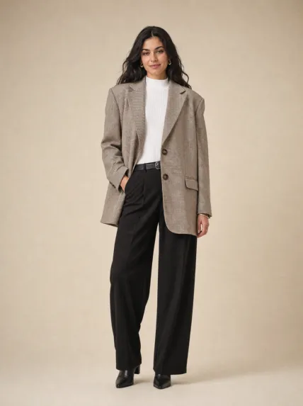 Kazayağı Desenli Oversize Denim Blazer Ceket