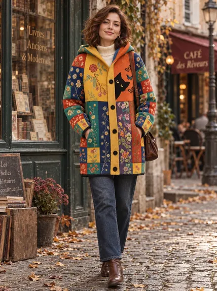 Kedi ve Çiçek Desenli Patchwork Kapüşonlu Kaban