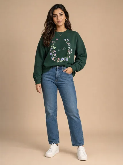 Kır Çiçeği Desenli Bisiklet Yaka Üç İplik Sweatshirt