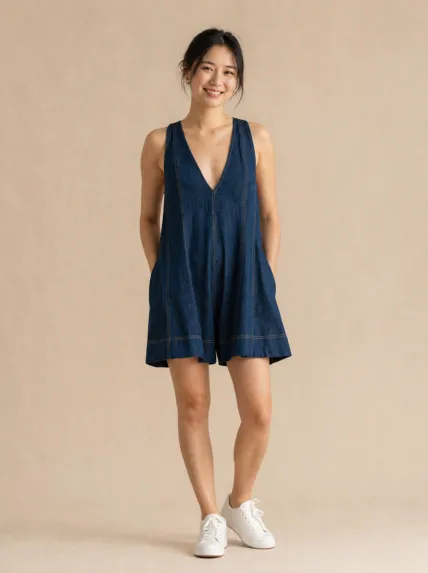 Kolsuz Salaş Denim Kısa Tulum
