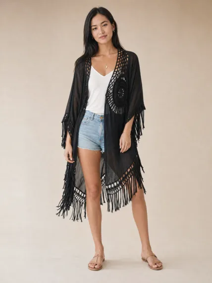 Makrome Detaylı Denim Kimono