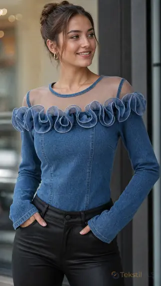 Organze Fırfırlı Denim Bluz