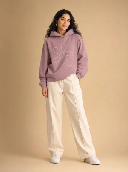 Papatya Desenli Kapüşonlu Üç İplik Sweatshirt