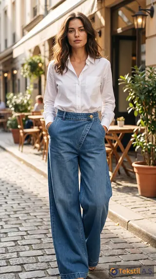 Yüksek Bel Bol Paça Denim Pantolon