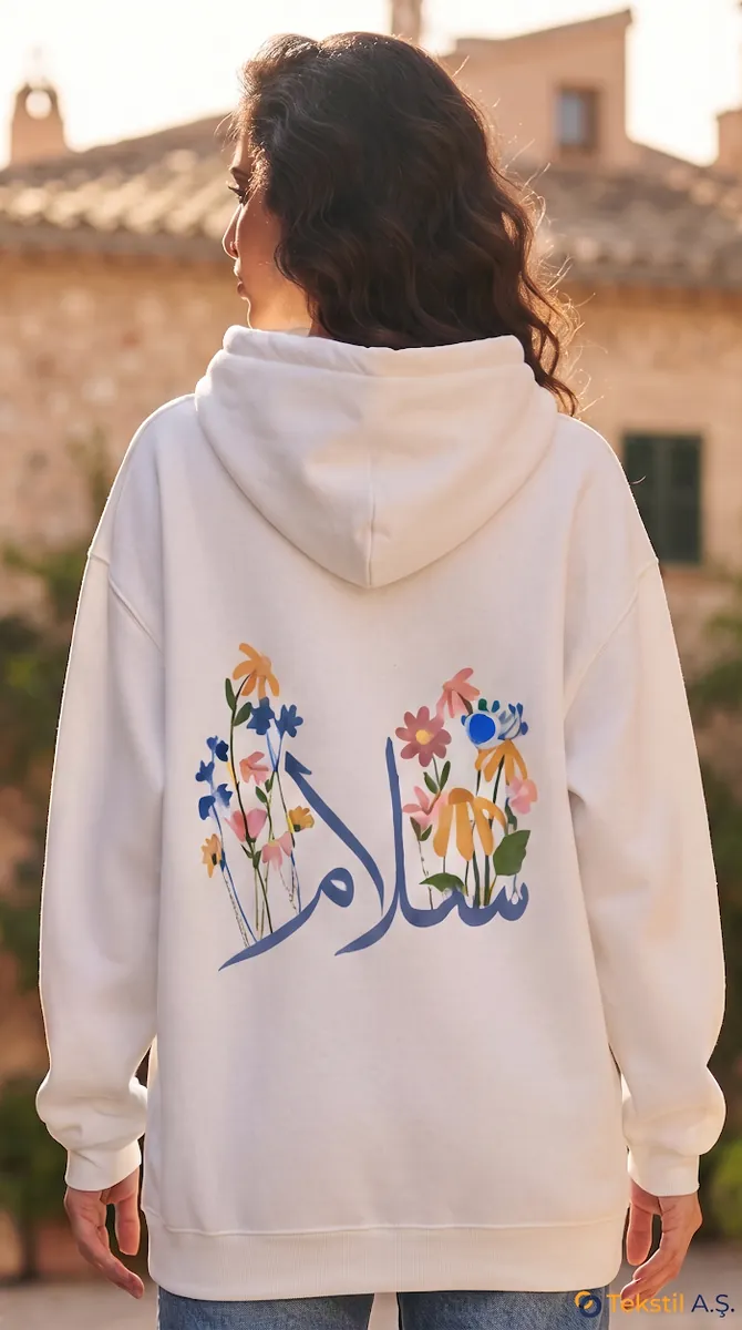 Arapça Kaligrafi Baskılı İki İplik Kapüşonlu Sweatshirt