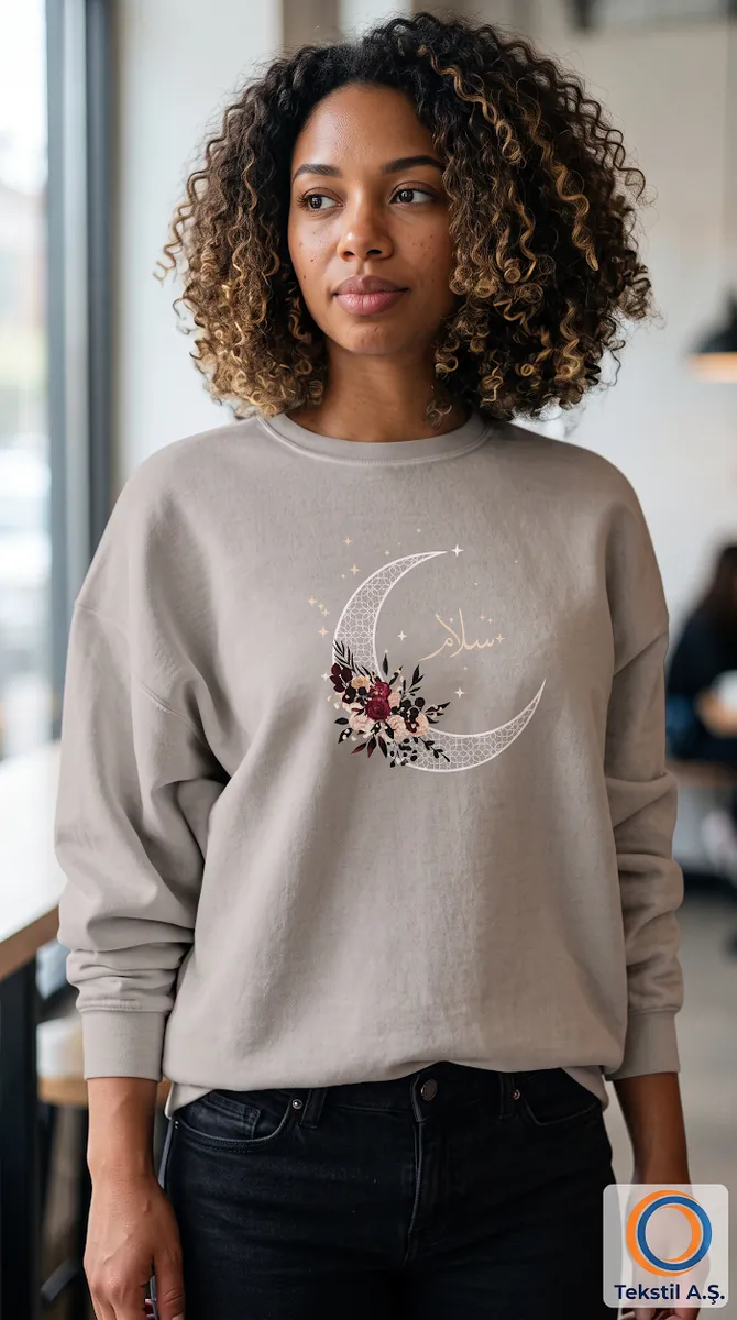Arapça Kaligrafi Baskılı İki İplik Sweatshirt Gül Kurusu