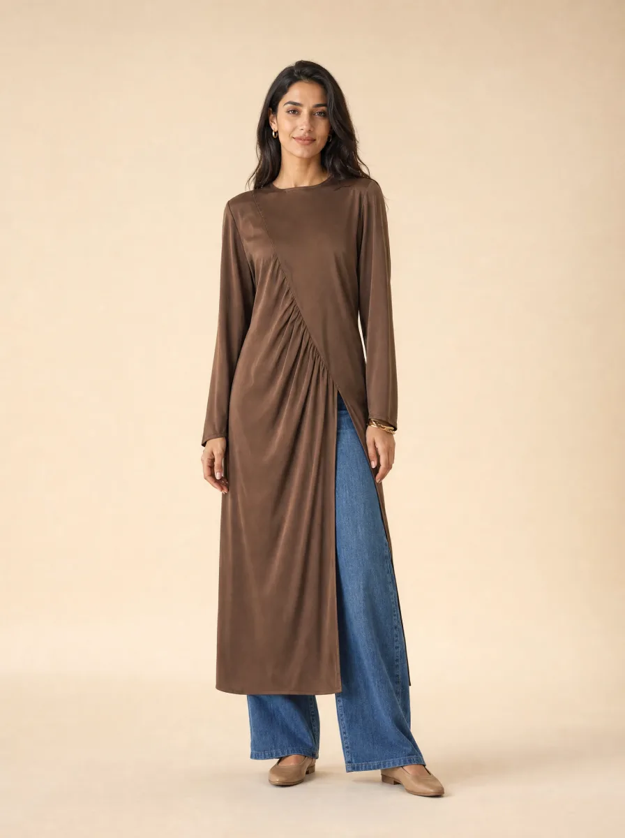 Asimetrik Midi Saten Tunik