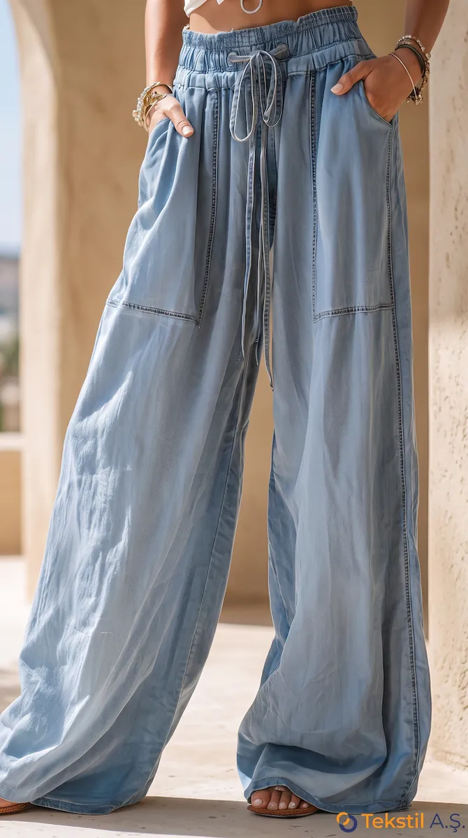 Beli Bağcıklı Cep Detaylı Bol Paça Denim Pantolon